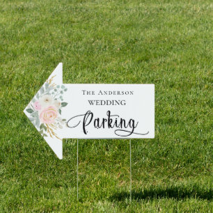 Wedding blush pink florals guest parking arrow sign