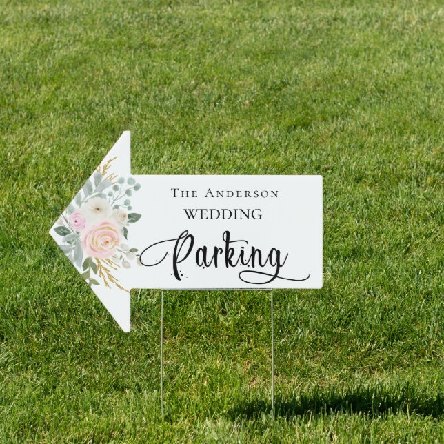 Wedding blush pink florals guest parking arrow sign (Insitu)