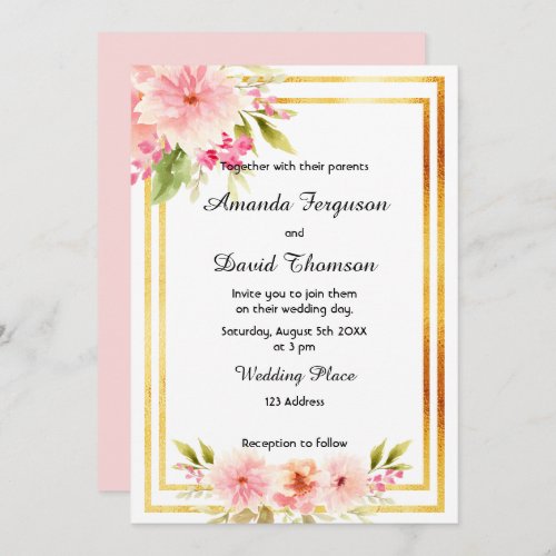 Wedding blush pink florals white elegant gold invitation