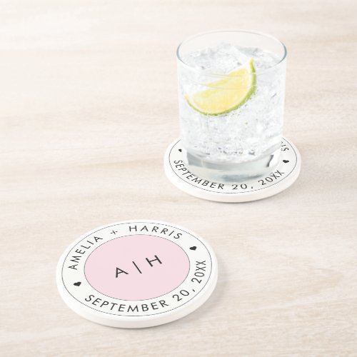 Wedding Blush Pink Initial Monogram Couple Name Coaster