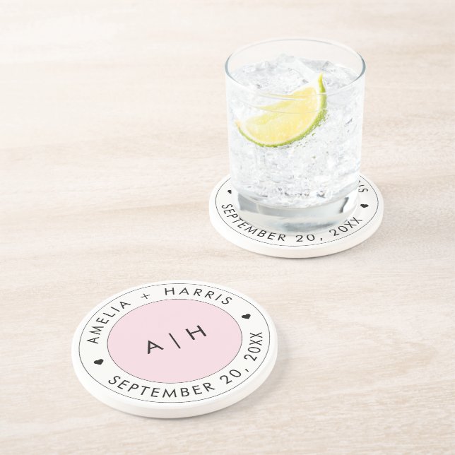 Wedding Blush Pink Initial Monogram Couple Name Coaster (Side)