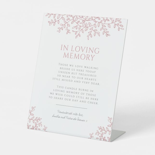 Wedding blush pink leaf monogram in loving memory pedestal sign (Front)