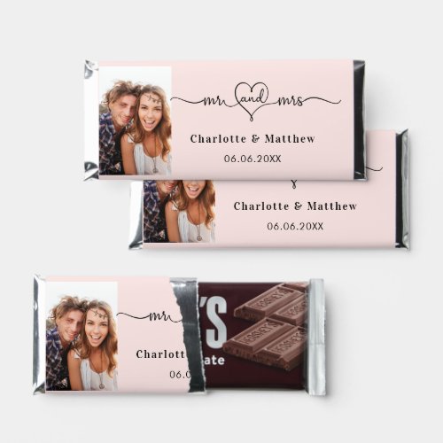 Wedding blush pink mr mrs heart photo script hershey bar favors