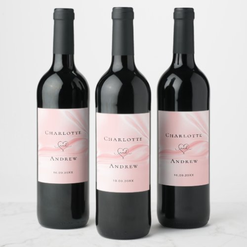 Wedding blush pink silk satin names wine label