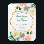 Wedding blush pink white floral invitation magnet<br><div class="desc">Decorated with watercolored large lush roses in white,  blush pink and a bit of blue and coral. Elegant white background. Templates for names name and wedding details. The names is written with a modern and elegant hand lettered style script.  Green colored letters. With a faux gold geometric frame.</div>