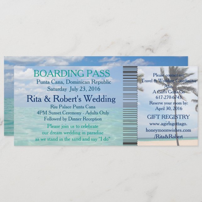 Wedding Boarding Pass Ticket Beach Destination Invitation (Front/Back)