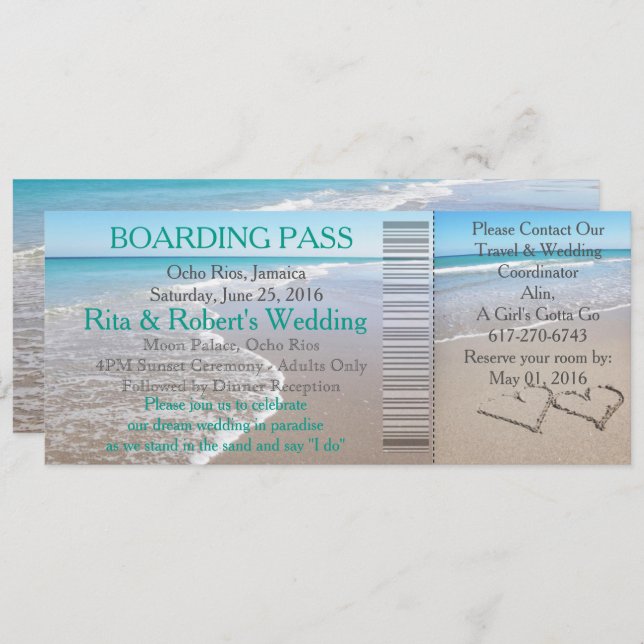 Wedding Boarding Pass Ticket-Destination Hearts Invitation (Front/Back)