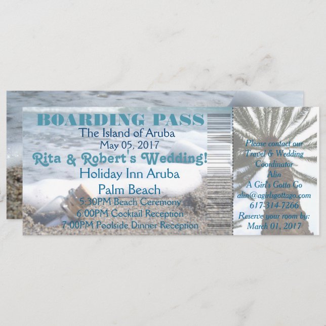 Wedding Boarding Pass Ticket-Message in a Bottle Invitation (Front/Back)
