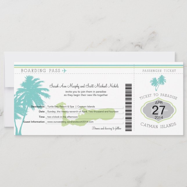 Wedding Boarding Pass to Cayman Islands Invitation (Front)