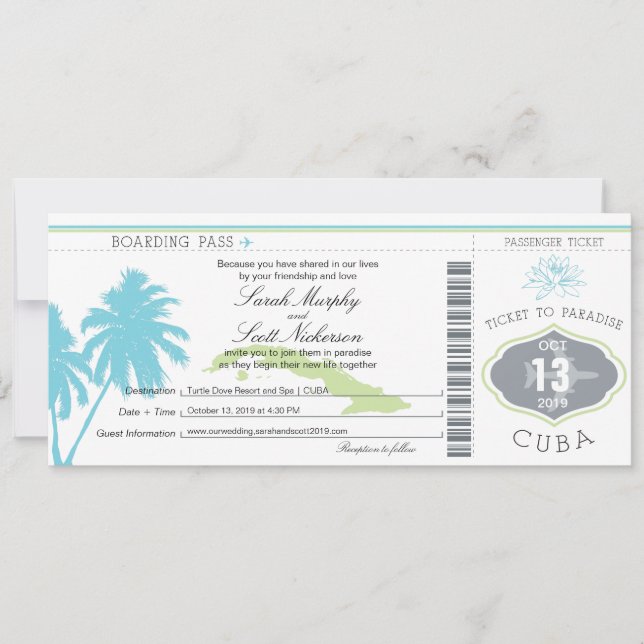 Wedding Boarding Pass to Cuba Invitation (Front)