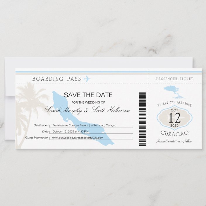 Wedding Boarding Pass to Curacao Save The Date | Zazzle