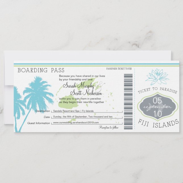 Wedding Boarding Pass to Fiji Islands Invitation (Front)