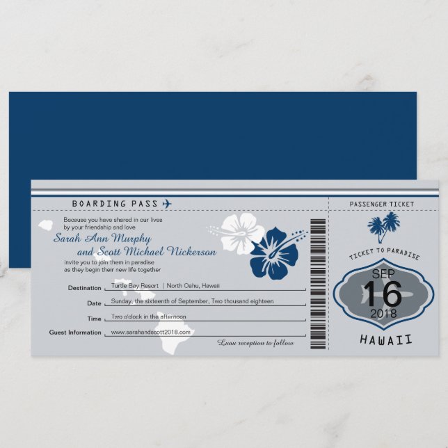Wedding Boarding Pass to Hawaii Gray and Blue Invitation (Front/Back)