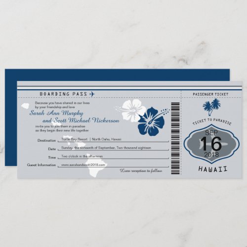 Wedding Boarding Pass to Hawaii Gray and Blue Invitation