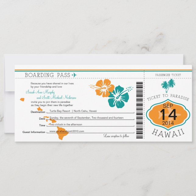 Wedding Boarding Pass to Hawaii Invitation (Front)