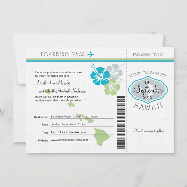 Wedding Boarding Pass to Hawaii Save The Date (Front)