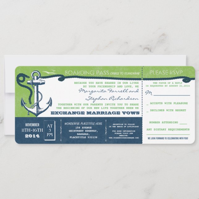 wedding boarding pass-vintage tickets with RSVP Invitation (Front)