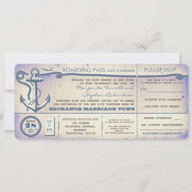 wedding boarding pass-vintage tickets with RSVP Invitation (Front)