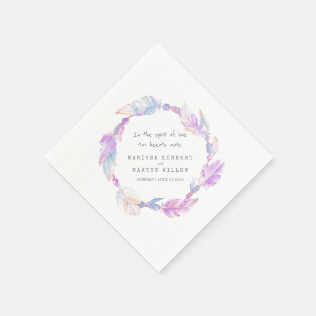 Wedding bohemian feather and beads purple napkins (Corner)