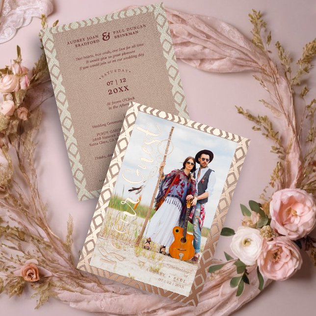 Wedding  Bohemian Tribal Textile Background Foil Invitation (Real Rose Gold Bohemian Tribal Textile Texture Background Photo Couple Metallic Foil Invitation.)