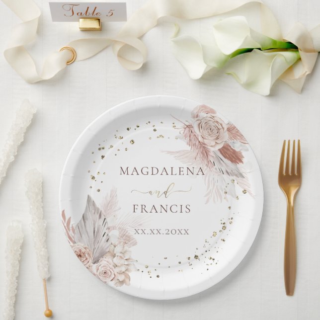Wedding boho flowers  faux glitter paper plates (Wedding)