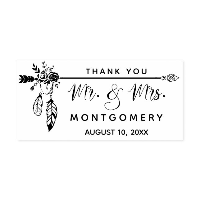 Wedding Boho Mr Mrs Custom Name Thank You Rubber Stamp (Imprint)