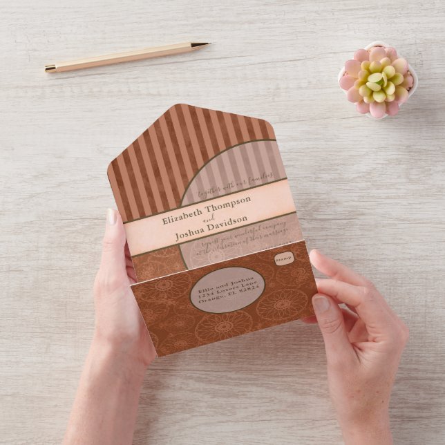 Wedding Boho Orange & Brown Geometric Stripe All In One Invitation (Video)