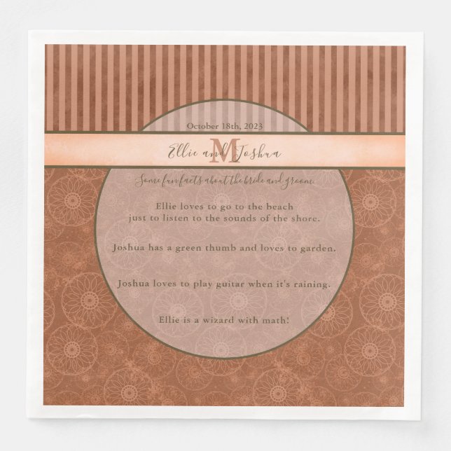 Wedding Boho Orange & Brown Geometric Stripe Paper Dinner Napkins (Front)