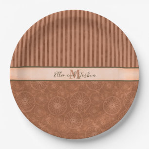 Wedding Boho Orange & Brown Geometric Stripe Paper Plates