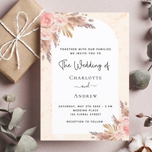 Wedding boho pampas grass rose gold blush invitation