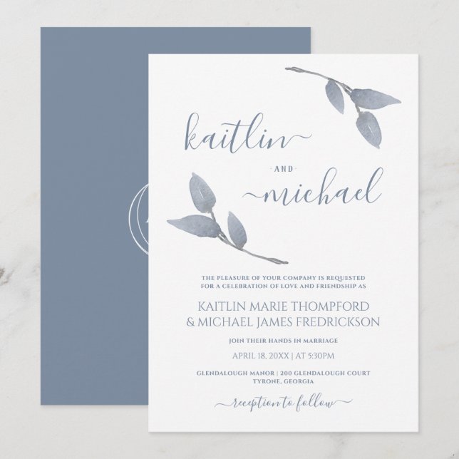 Wedding Boho Vines Simple Leaves Dusty Blue Invitation (Front/Back)