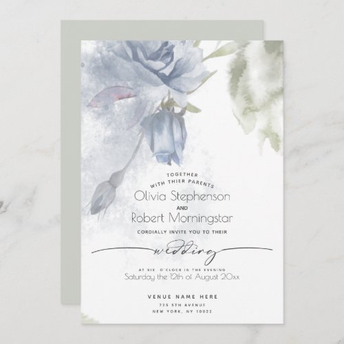 WEDDING   Boho Watercolor Dusty Blue Rose  Invitation