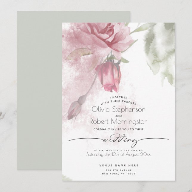 WEDDING  | Boho Watercolor Dusty Pink Rose and Bud Invitation (Front/Back)