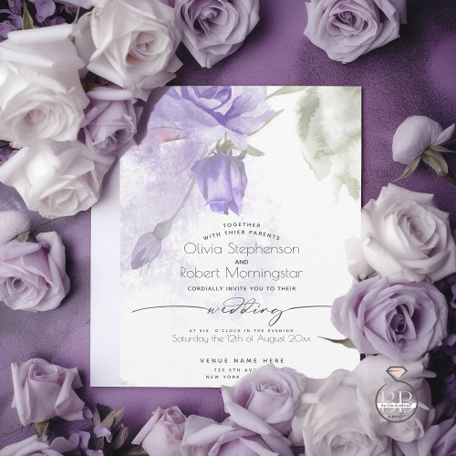WEDDING   Boho Watercolor Purple Rose Floral Invitation
