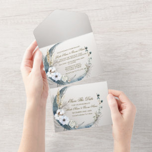 Wedding Boho White Orchid Flowers Blue Moon Party All In One Invitation