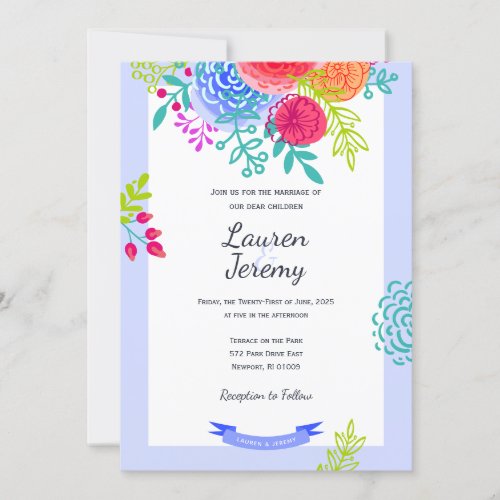 Wedding Bold Colorful Floral Sketch Casual Bouquet Invitation
