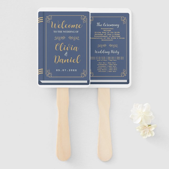 Wedding Book Hand Fan Modern Navy Programme (Front and Back)