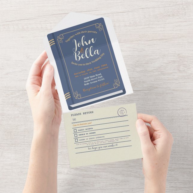 Wedding Book Library Theme Cover Chapter & RSVP All In One Invitation (Tearaway)
