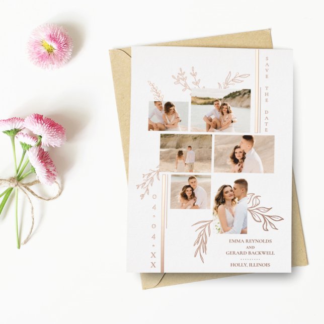 Wedding Botanical Branches 6 Photos Collage Foil Invitation (Creator Uploaded)