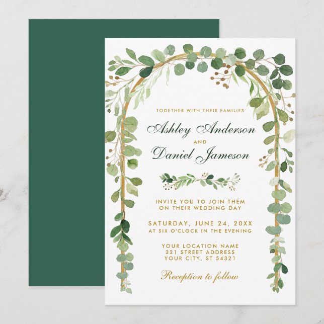 Wedding Botanical Eucalyptus Green Gold Arch Invitation (Front/Back)