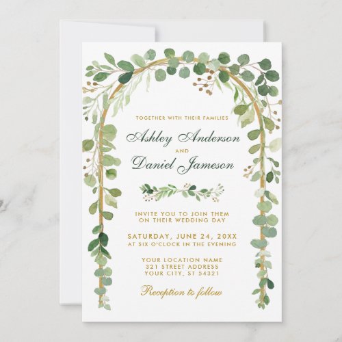 Wedding Botanical Eucalyptus Green Gold Arch W Invitation