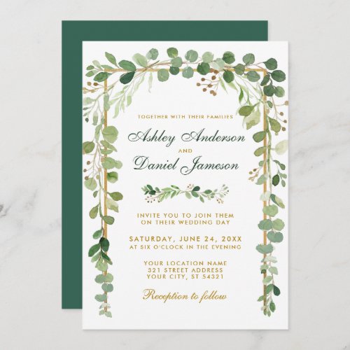 Wedding Botanical Eucalyptus Green Gold Invitation