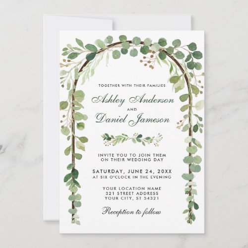 Wedding Botanical Eucalyptus Green Wood Arch W Invitation