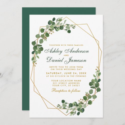 Wedding Botanical Green Eucalyptus Gold Geometric Invitation