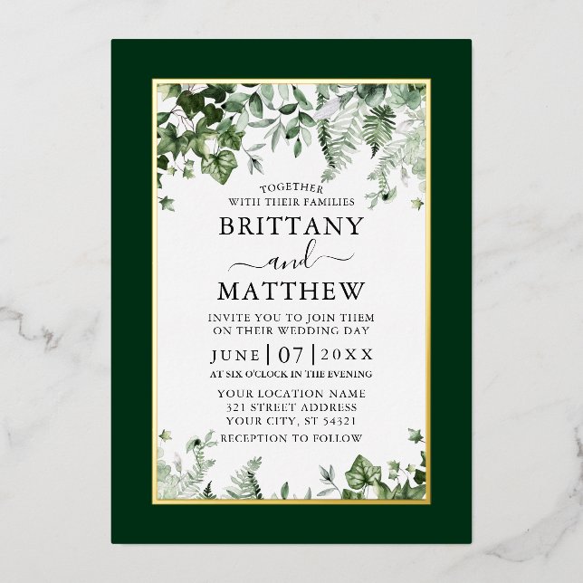 Wedding Botanical Greenery Ivy Sage Ferns Gold Foil Invitation (Front)