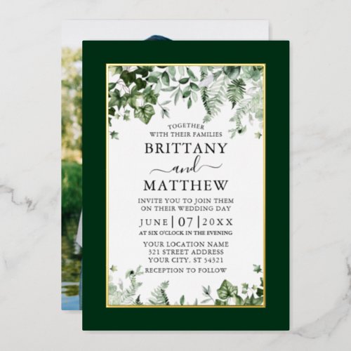 Wedding Botanical Ivy Sage Ferns Photo Gold Foil Invitation