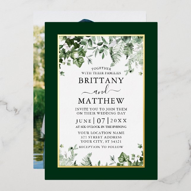 Wedding Botanical Ivy Sage Ferns Photo Gold Foil Invitation (Front/Back)