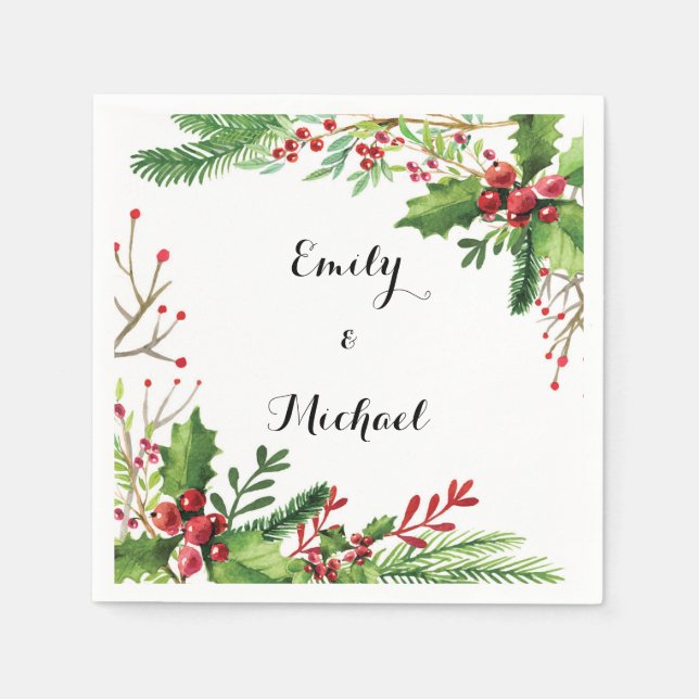 Wedding botanical napkin red green watercolor (Front)