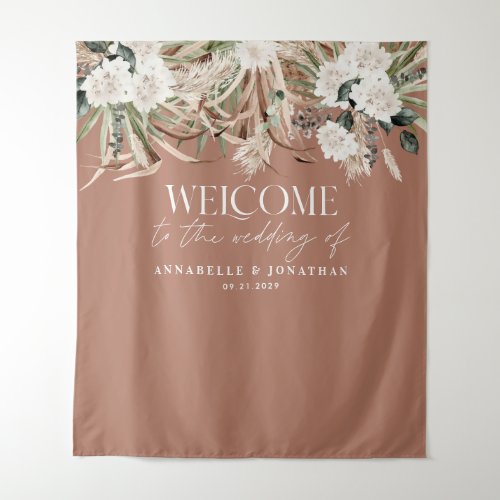 Wedding botanical pampas eucalyptus welcome party tapestry