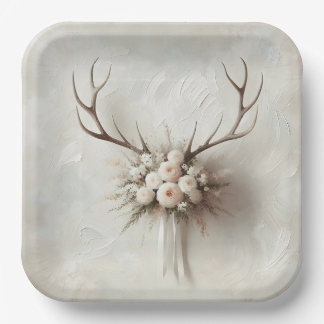 Wedding Bouquet and Deer Antlers Paper Plates (Front)
